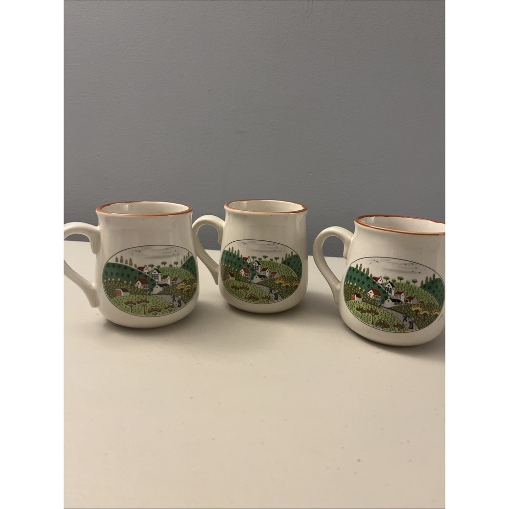 Newcor Country Village 3 Mugs Countryside White Green Cottagecore Cozy Home